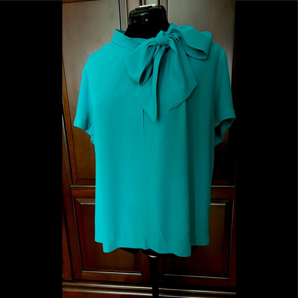 Classic jade colored blouse with beautiful neck tie bow